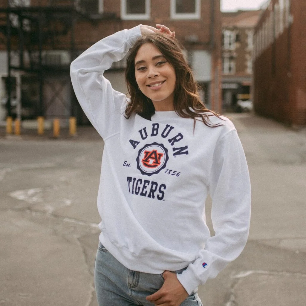 Woman wearing a hoodie with custom colours design