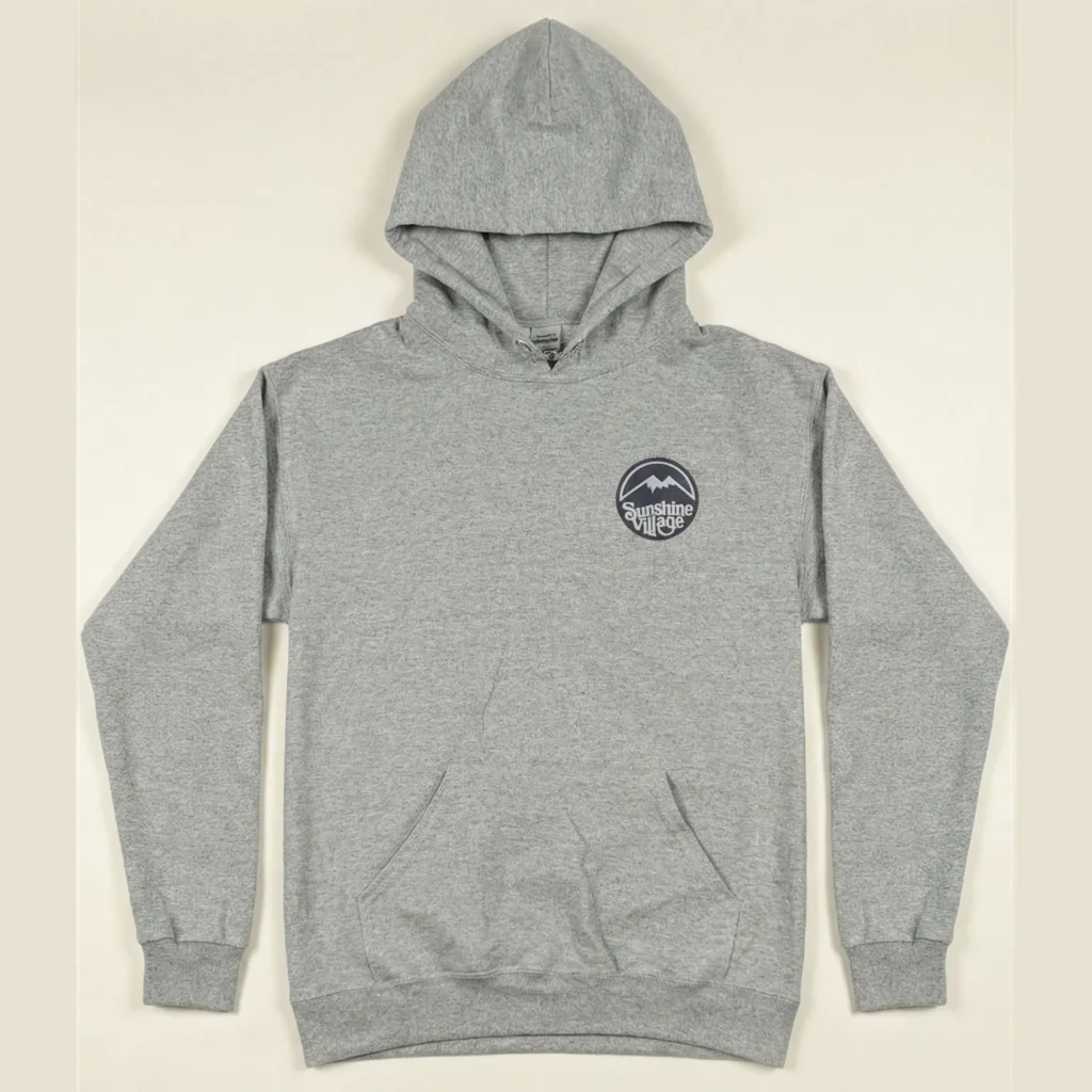 Flat-lay hoodie Grey with wrinkles Sleeves extended straight outward from the shoulders