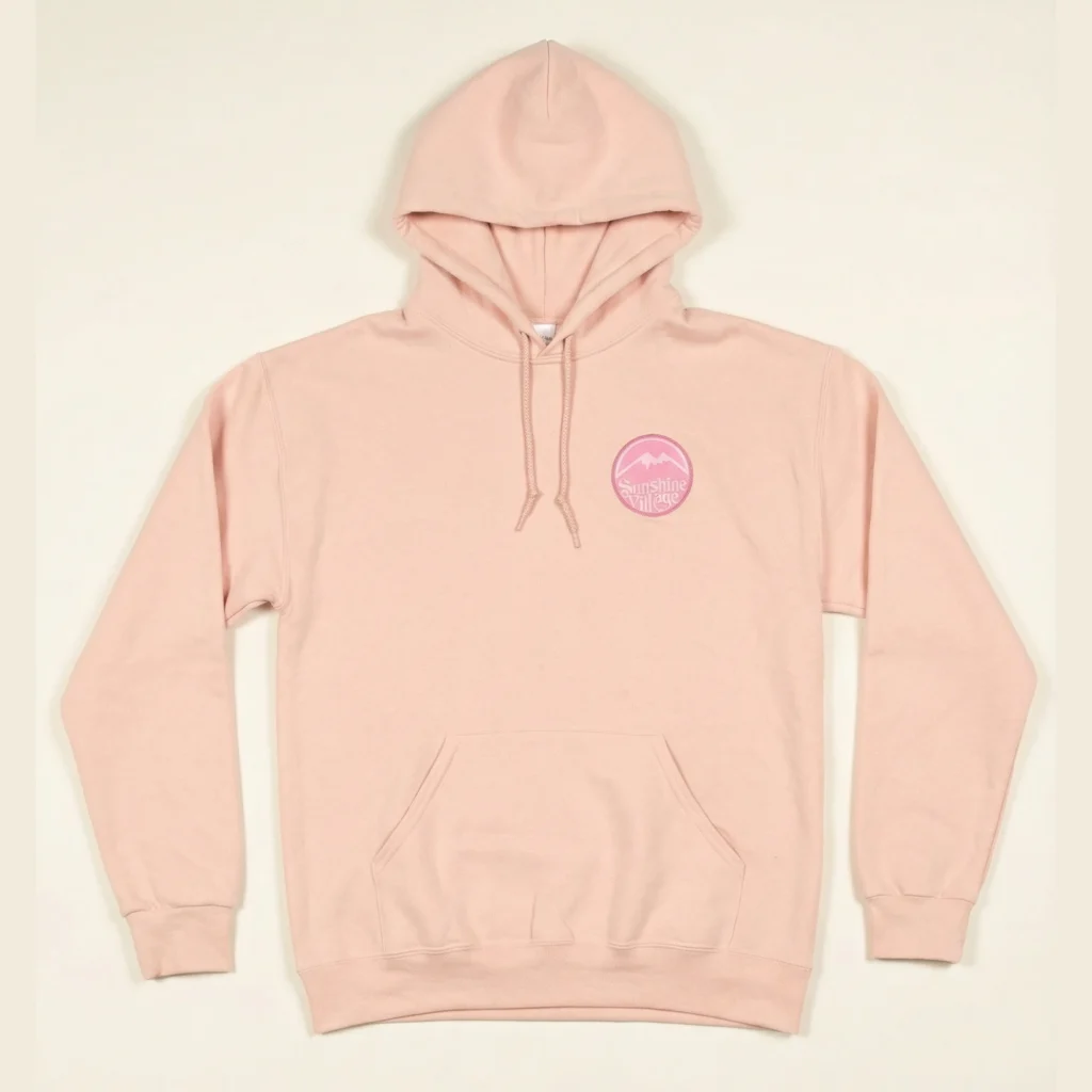 Flat-lay hoodie Pink with wrinkles Sleeves extended straight outward from the shoulder