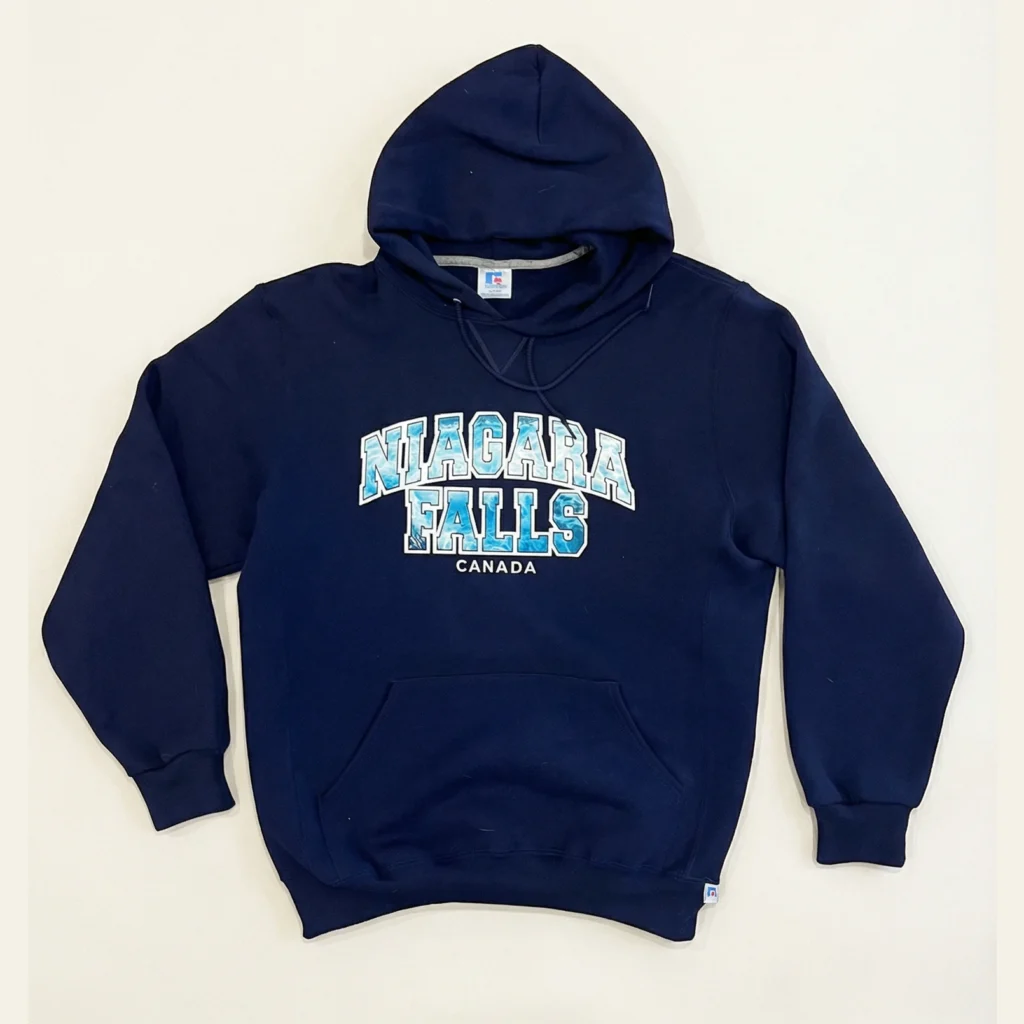 Flat-lay hoodie with wrinkles Blue Sleeves extended straight outward